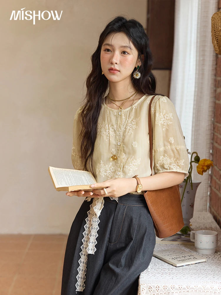 MISHOW French Retro Embroidered Floral Blouse Round Neck Puff Sleeve MXE36X1874