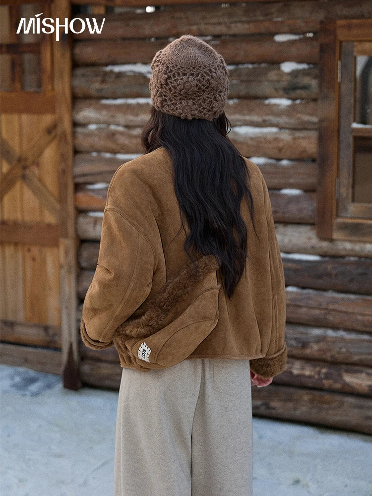 MISHOW Brown Round Neck Coat Button Pockets Loose Windproof MXE90W0994