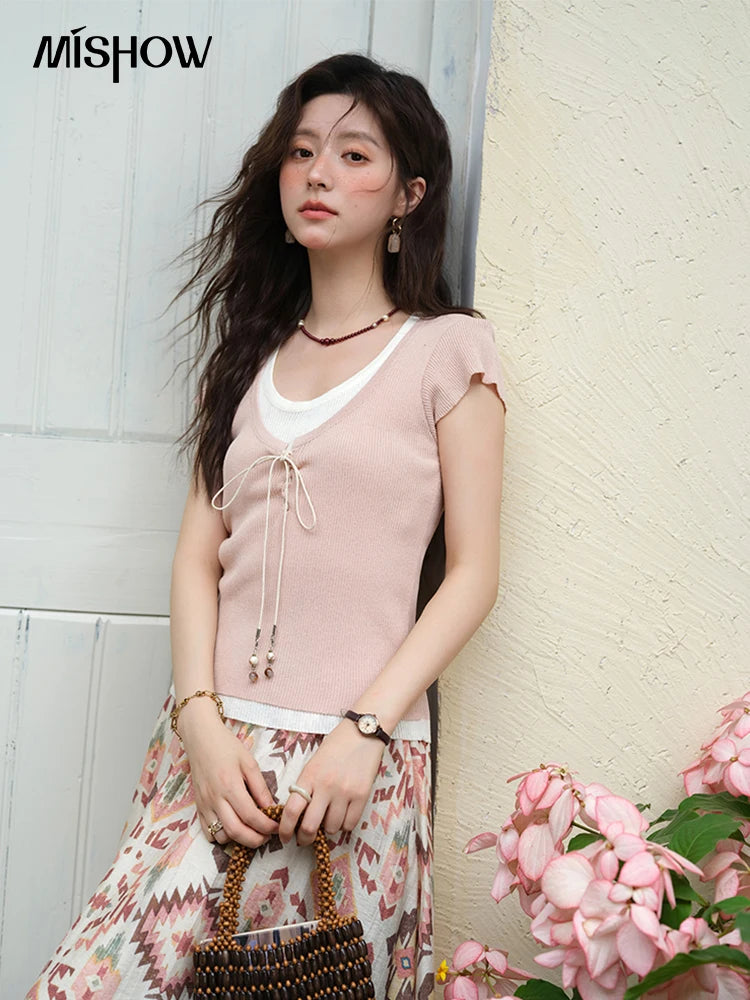 Mishow Round Neck Patchwork Flying Sleeve Lace Up Top MXE37Z1278