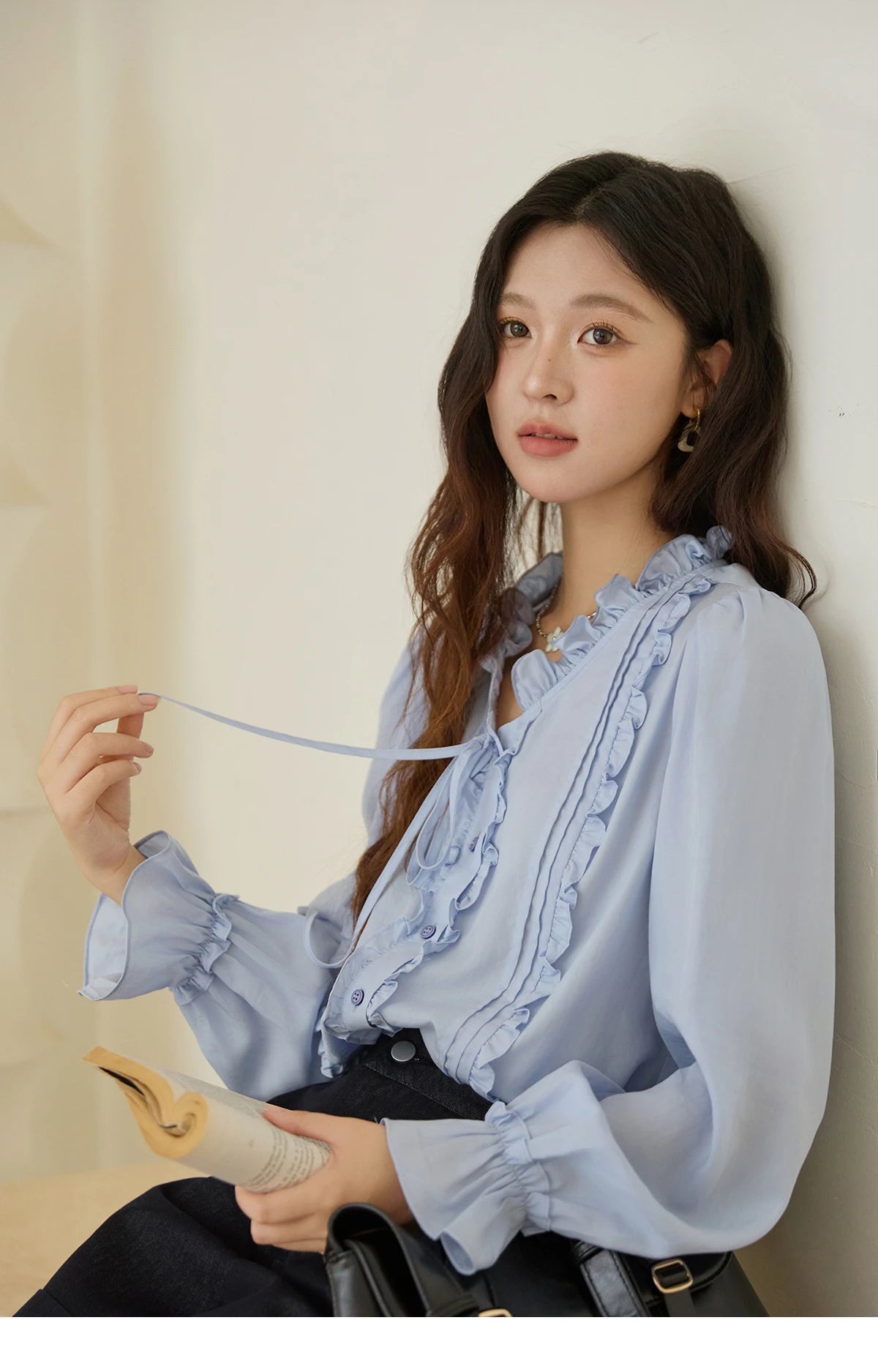 MISHOW 100% Lyocell Blue Shirt French Ruffles Ties MXE45X2484