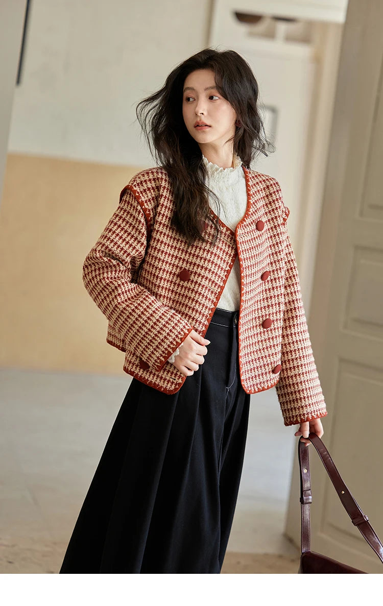 Mishow Red Plaid Double Breasted Tweed Jacket MXD56W0631