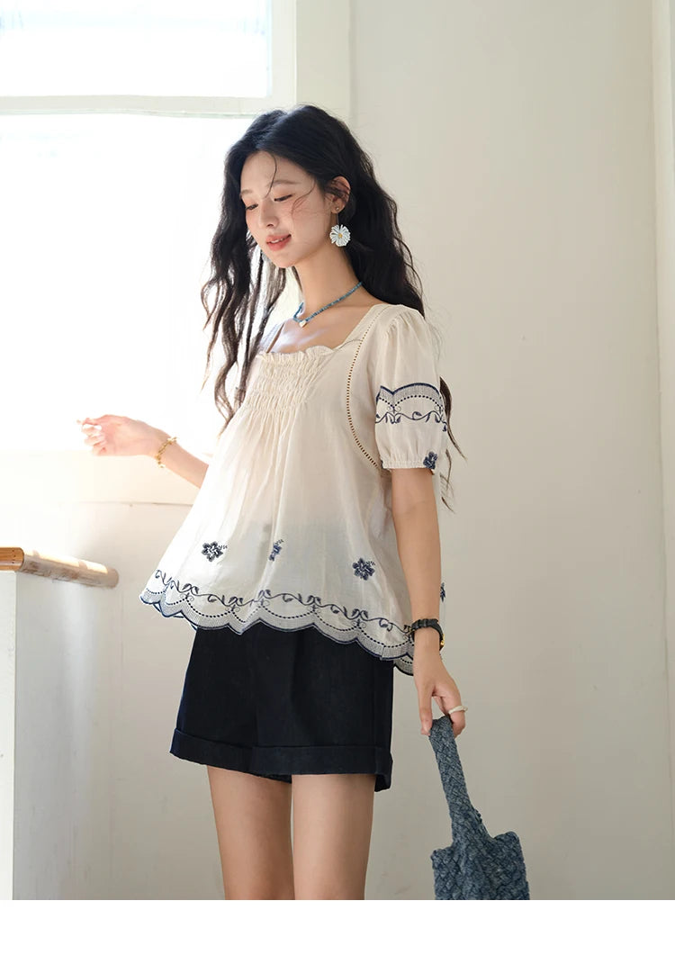 MISHOW Square Neck Puff Sleeve Blouse Flower Embroidery Hollow MXE39X1953