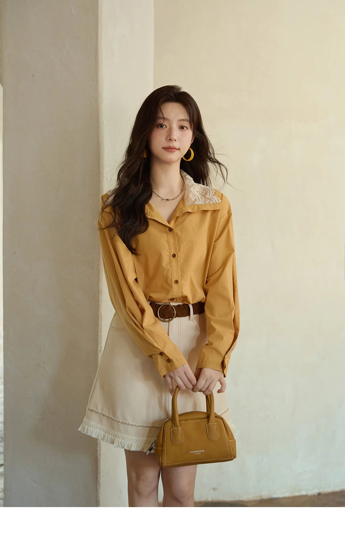 MISHOW Solid Cotton Shirt V-Neck Double Layer Lace MXE41C2366