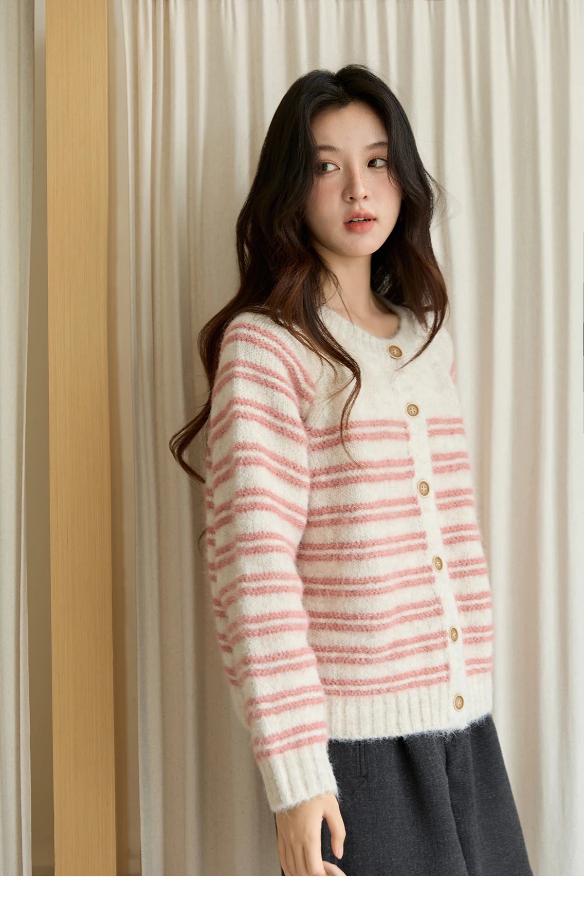 Mishow Pink Striped Wool Blend Cardigan MXE49Z2615