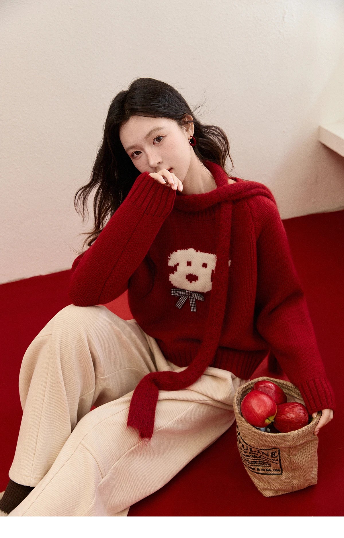 Mishow Red Puppy Jacquard Crew Neck Sweater MXE93Z2932