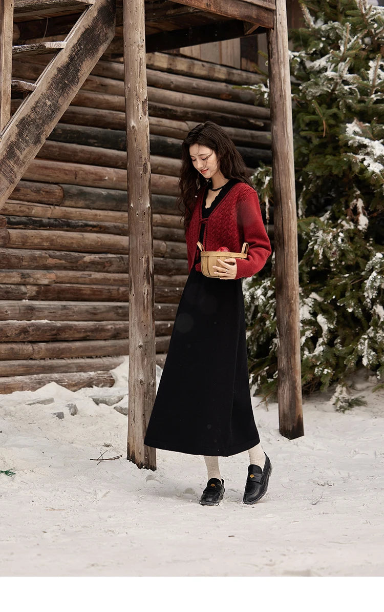 Mishow Red Knitted Cardigan & V-Neck Midi Dress Set MXD58L2085