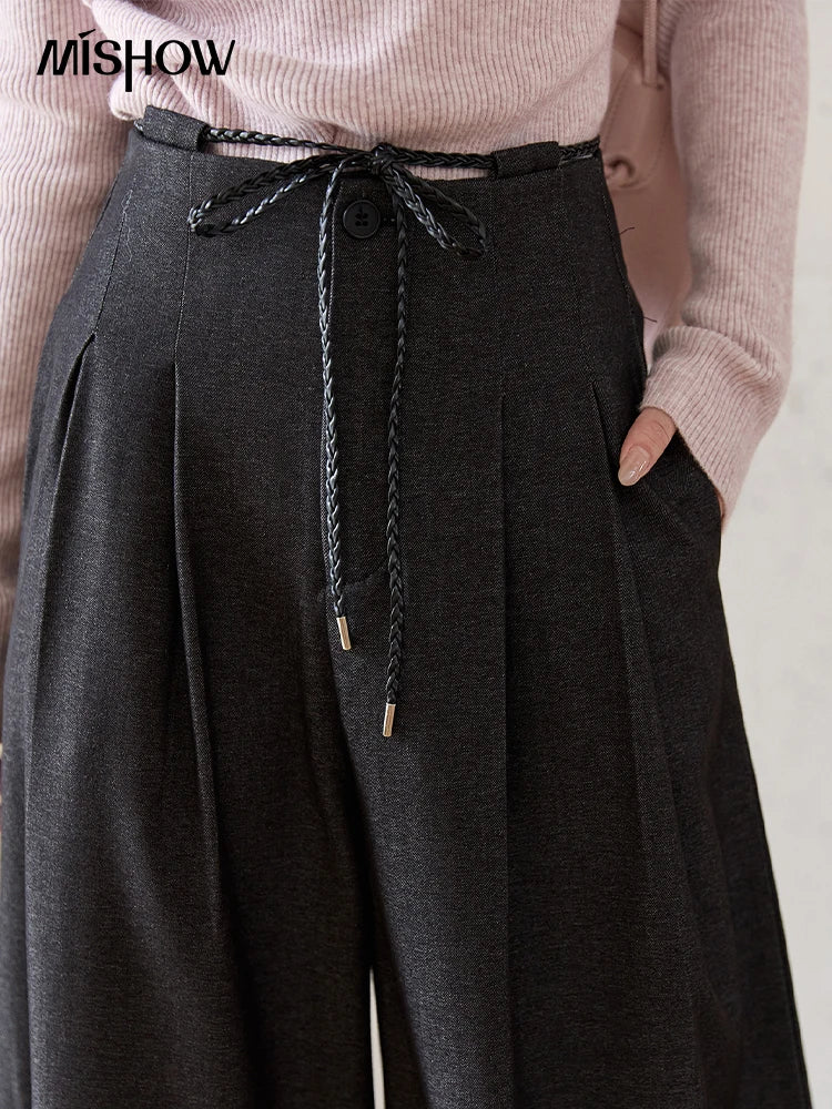 MISHOW Gray Wide-Leg Pants Lace-Up High Waist Slim MXE51K1106
