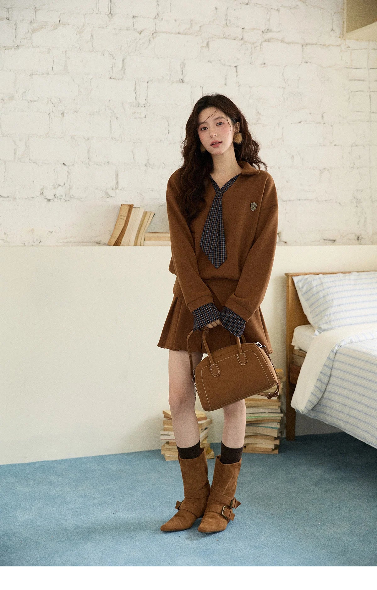 Mishow College Style Fake 2-Piece Sweatshirt & Pleated Skirt Set MXE86T1447