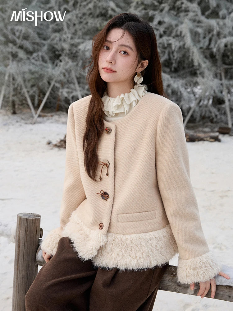 Mishow Retro Apricot Wool Plush Splicing Short Coat MXE92W0998