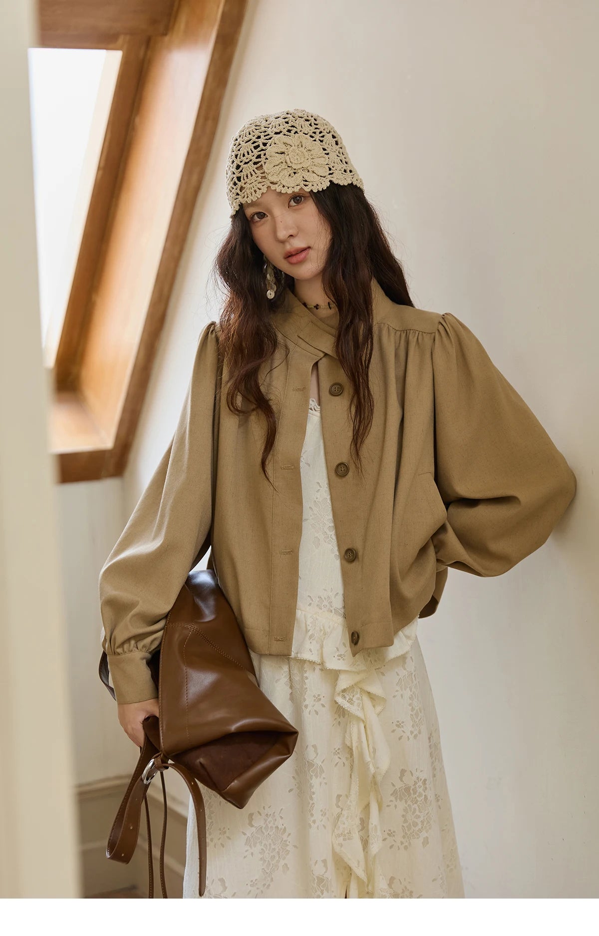 Mishow British Light Brown Stand Collar Trench MXE43W0802