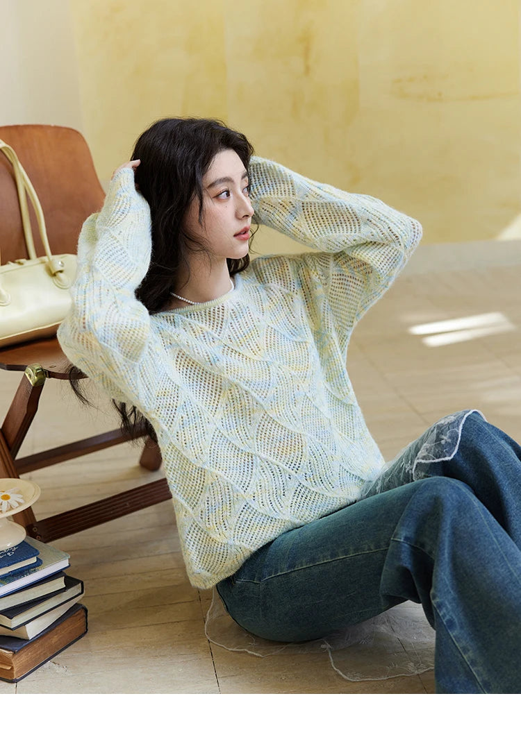 Mishow Hollow Dropped Shoulder Hem Wavy Edge Sweater MXE14Z1208