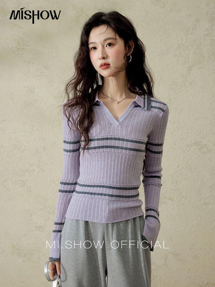 Mishow Contrast Color Striped V-Neck Trumpet Sleeve Top MXE13Z1141