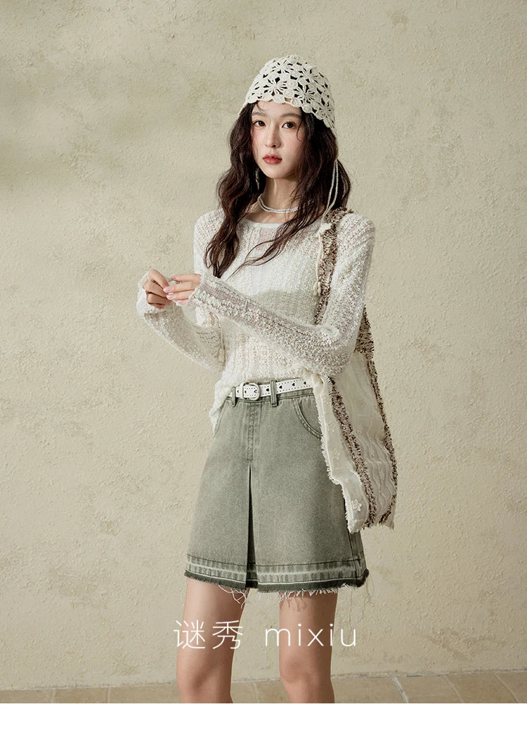 Mishow Apricot White Hollow Mohair Drop Sleeve Top MXE12Z1120