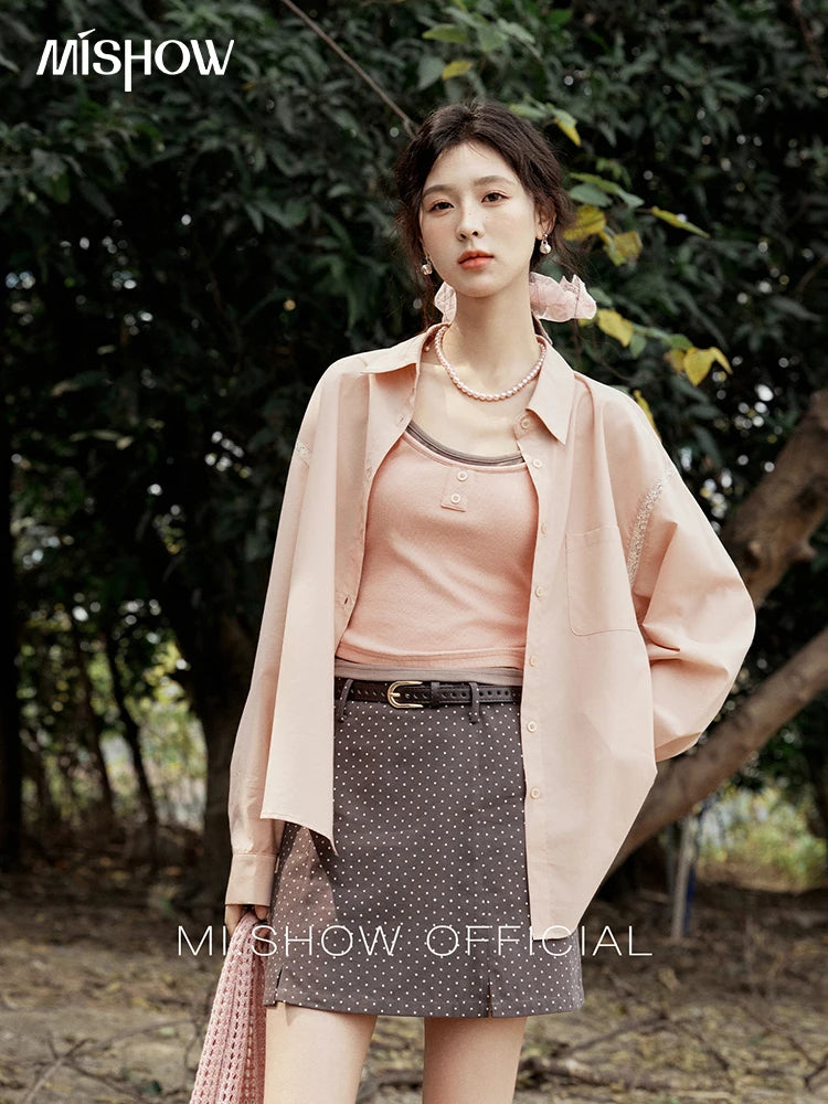 MISHOW Pink Long Sleeve Shirt Lace Bow Tie MXE16C0767