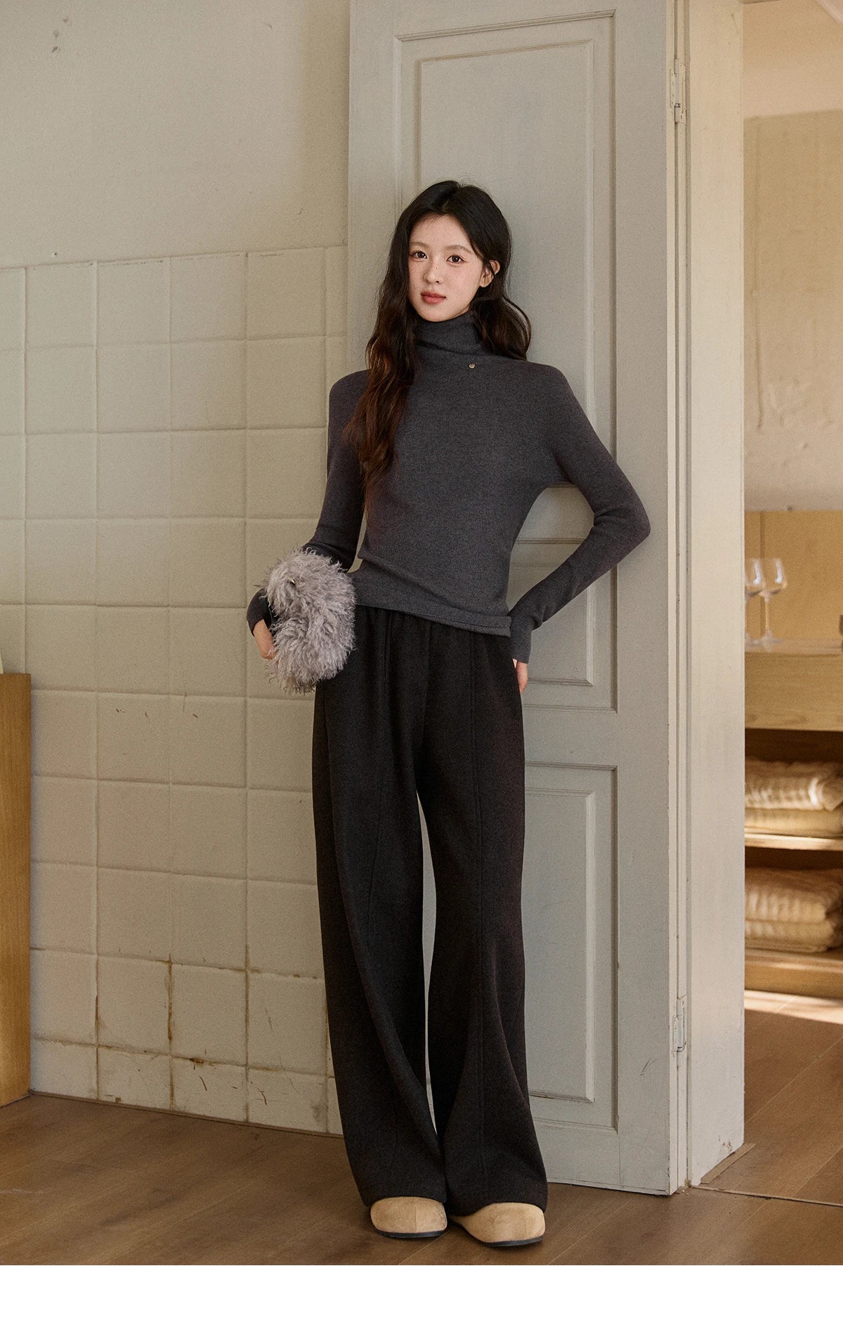 MISHOW High Waist Wide Leg Pants Fleece Warm Knit MXE92K1127