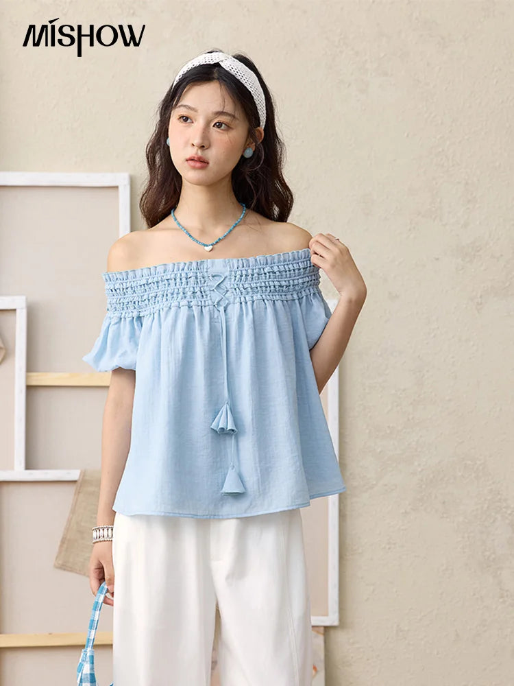 MISHOW Mist Blue One Shoulder Blouse Elastic Pleated Puff Sleeve MXE34X1796