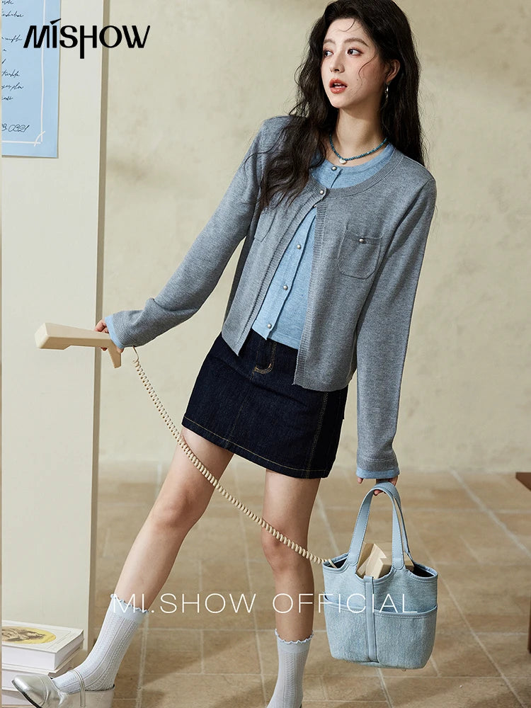 Mishow Fake Two-Piece Contrast Patch Pocket Cardigan MXE12Z1144