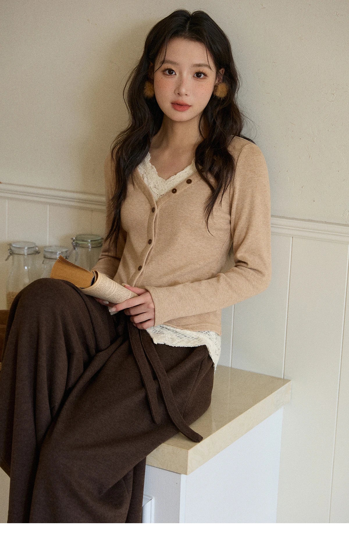 Mishow V-Neck Lace Trim Knit Top MXE86Z2673
