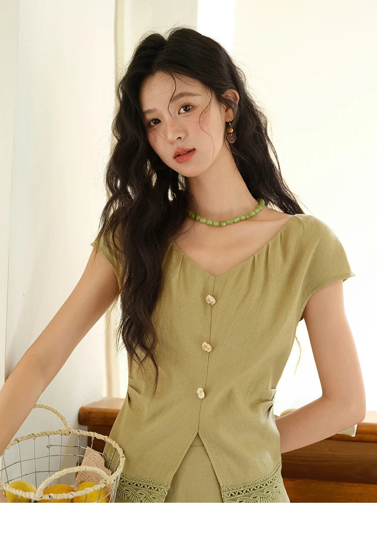 Mishow V-Neck Lace Hollow Top & Pocket A-Line Skirt Set MXE39T0665