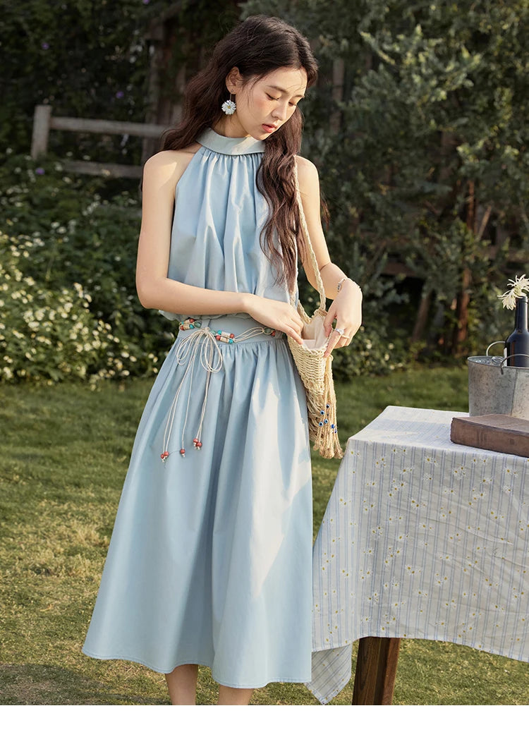 Mishow Solid Halter Neck Top & Midi Skirt Set with Belt MXE33T0546