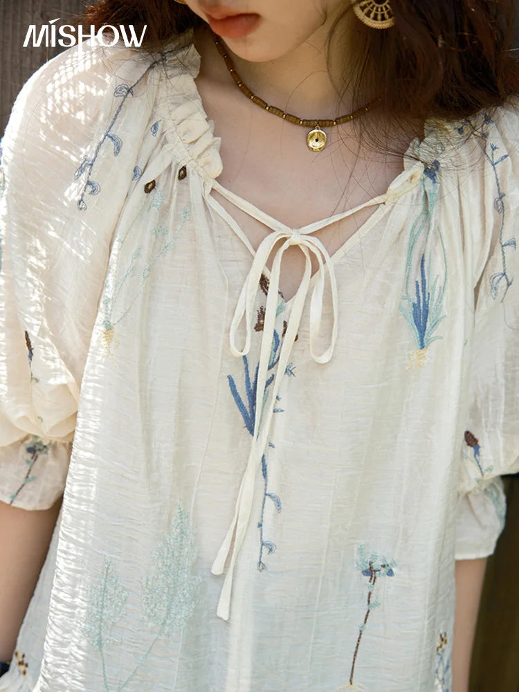 MISHOW V-Neck Lace Up Blouse Embroidery Mushroom Edge MXE39X1959
