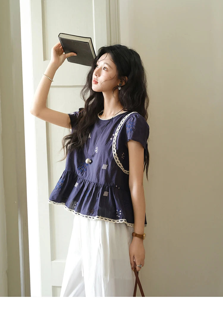 MISHOW O-Neck Spliced Lace Blouse Embroidery Flower MXE39X1965