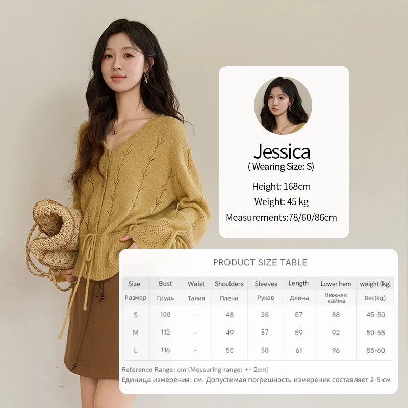 Mishow Yellow Hollow V-Neck Drawstring Cardigan MXF108Z1022