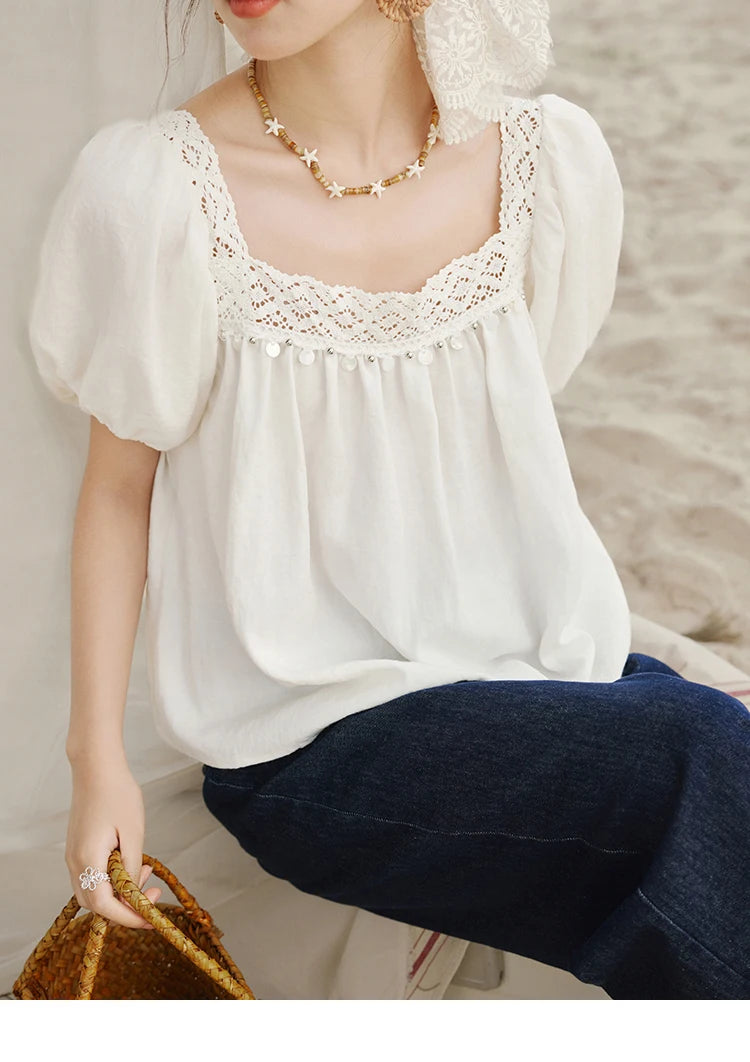 MISHOW Square Collar Puff Sleeve Blouse Lace Splicing MXE32X1780