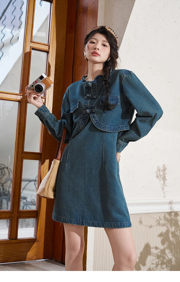 Mishow Retro Chinese Buckle Denim Vest Dress MXD14L1771