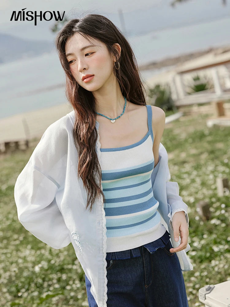 Mishow Blue Striped Square Collar Camisole MXE31Z1221