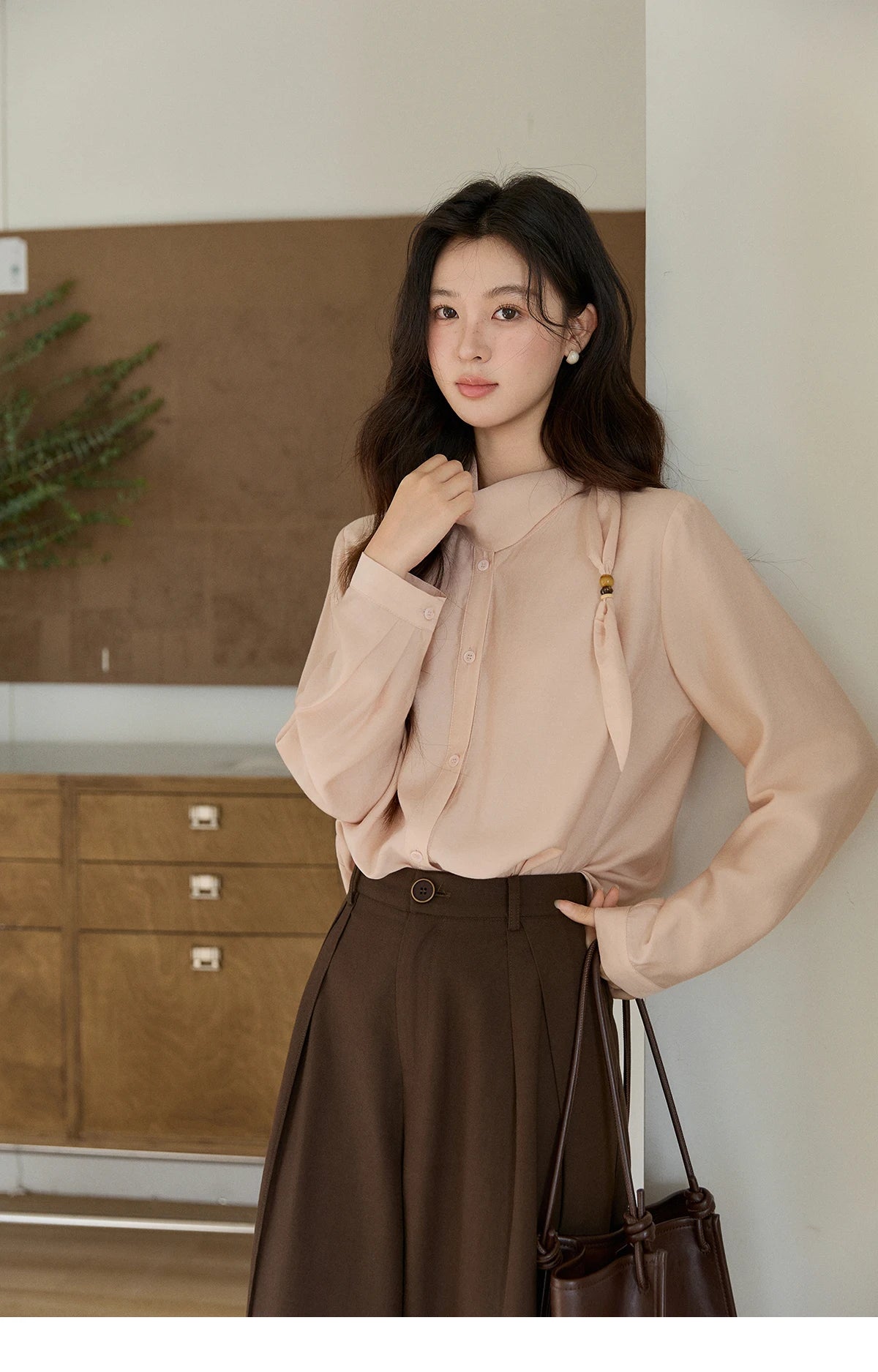 MISHOW Nude Pink Ribbon Stand Neck Shirt Button-Down MXE11X2547