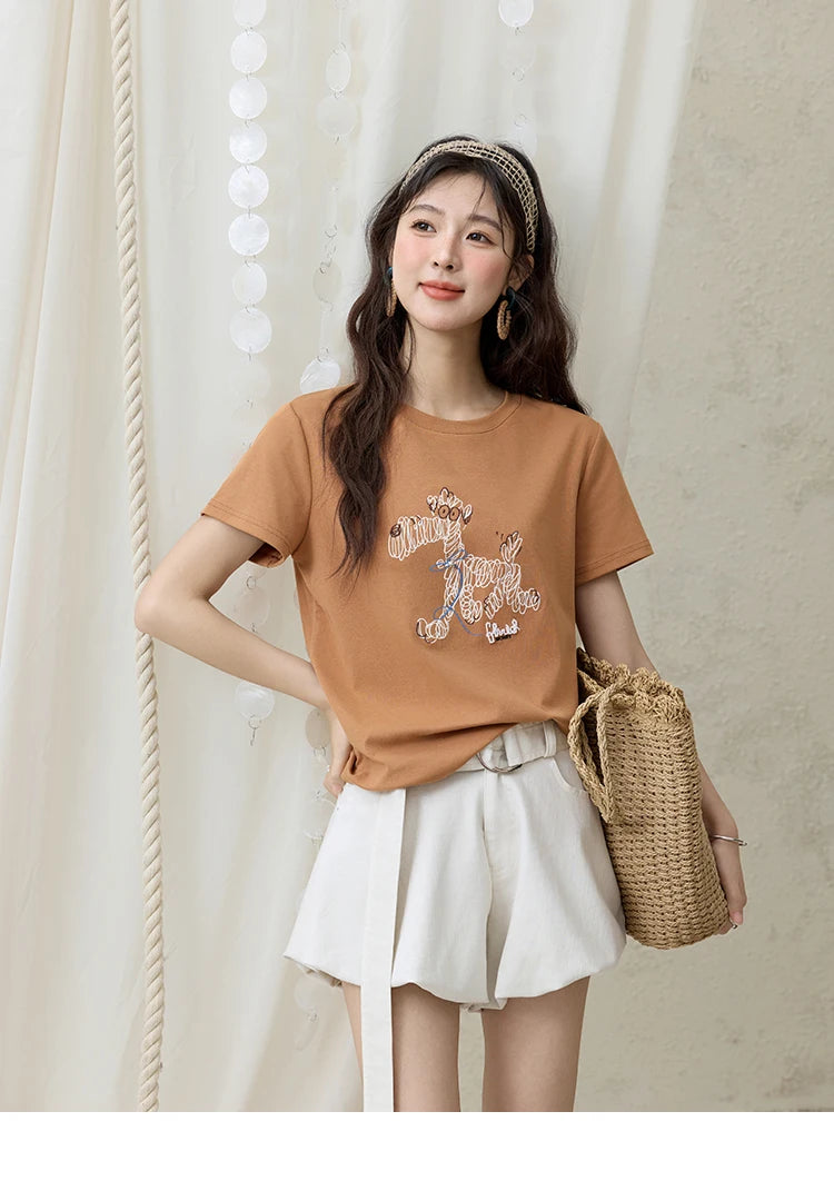 Mishow Cartoon Print Loose Embroidery Tee MXE31T0550