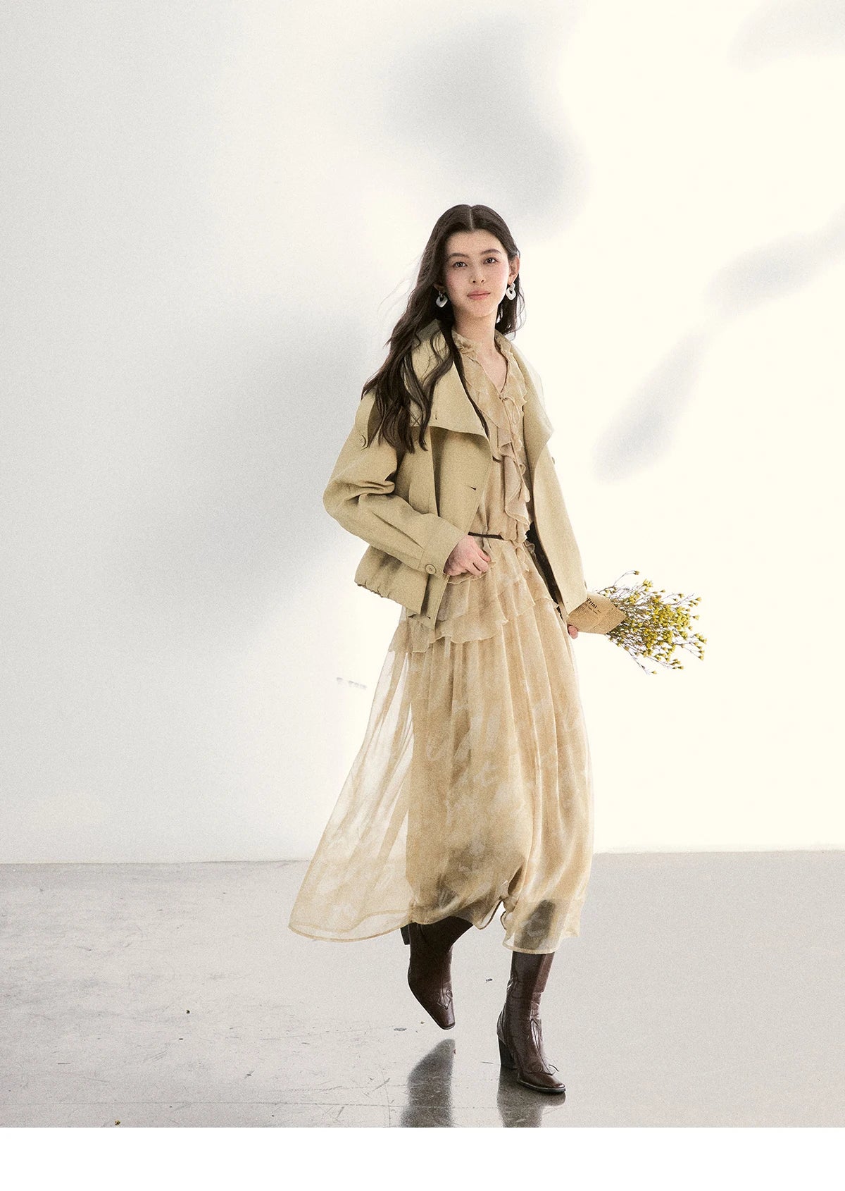 MISHOW Light Yellow Chiffon Maxi Dress V-Neck Ruffled Belted MXF11L2554