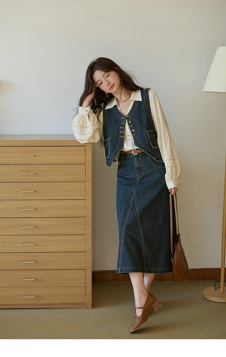 MISHOW High Waist Slim Denim Skirt Pocket Rear Hem Split MXE41B2379