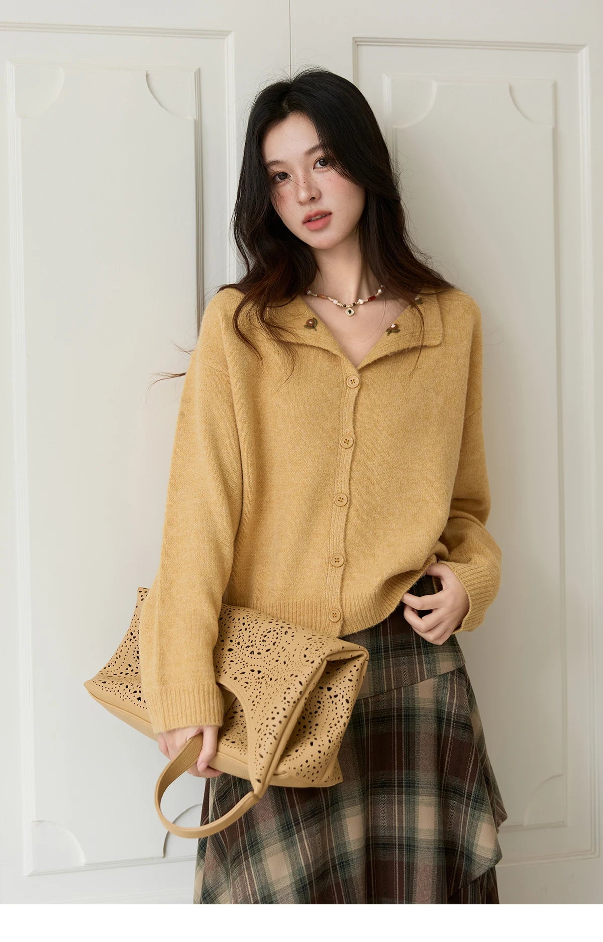 Mishow Yellow Handmade Flower Turn-Down Collar Cardigan MXE47Z2591