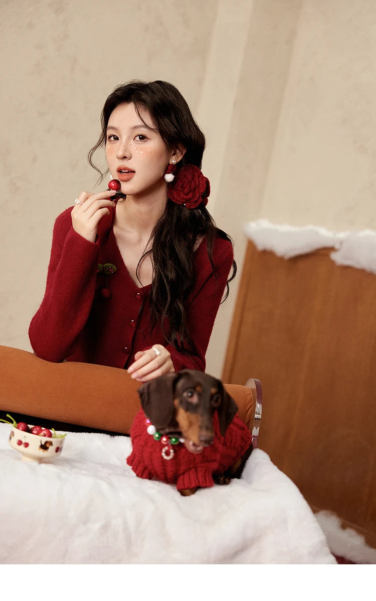 Mishow Red Cherry Ornament Slim V-Neck Cardigan MXD112Z1006