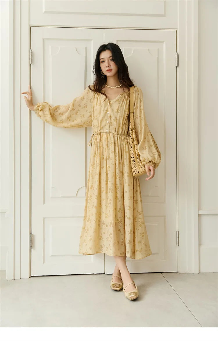 MISHOW Yellow Print Lace Lantern Sleeve Dress MXE47L2527