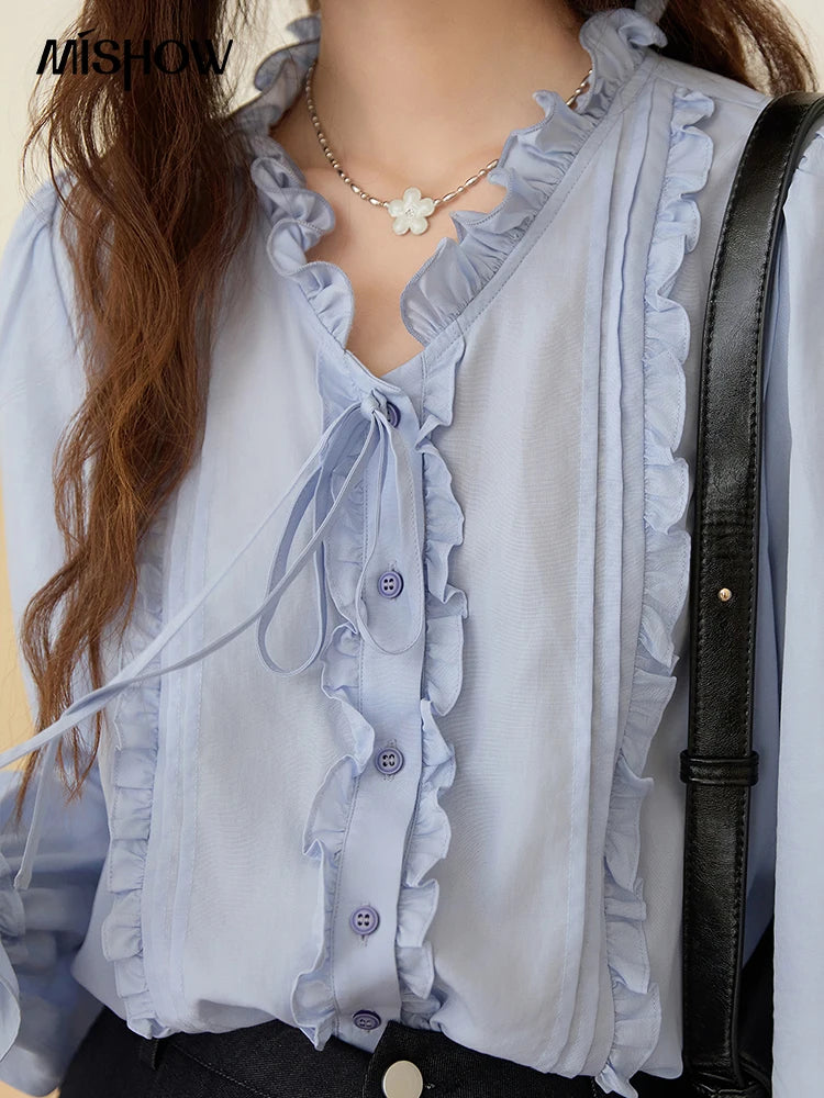 MISHOW 100% Lyocell Blue Shirt French Ruffles Ties MXE45X2484