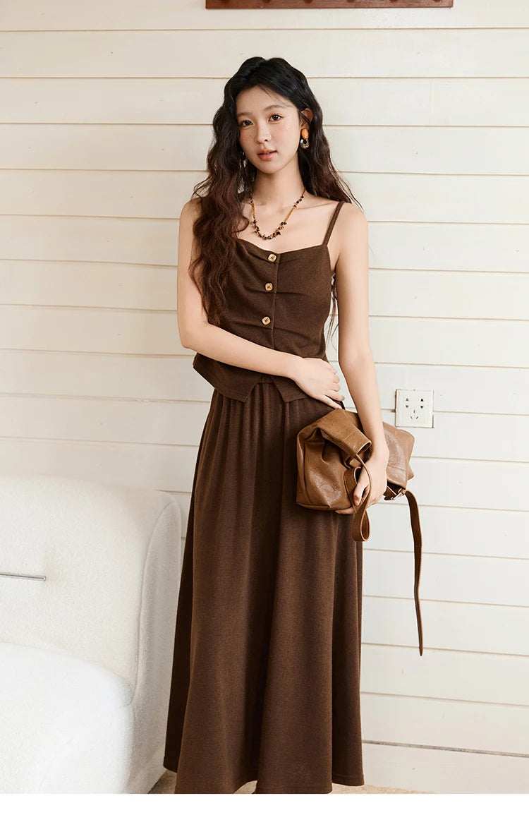 Mishow Retro Dark Brown Tank Top & Pleated A-Line Skirt Set MXE46T1378