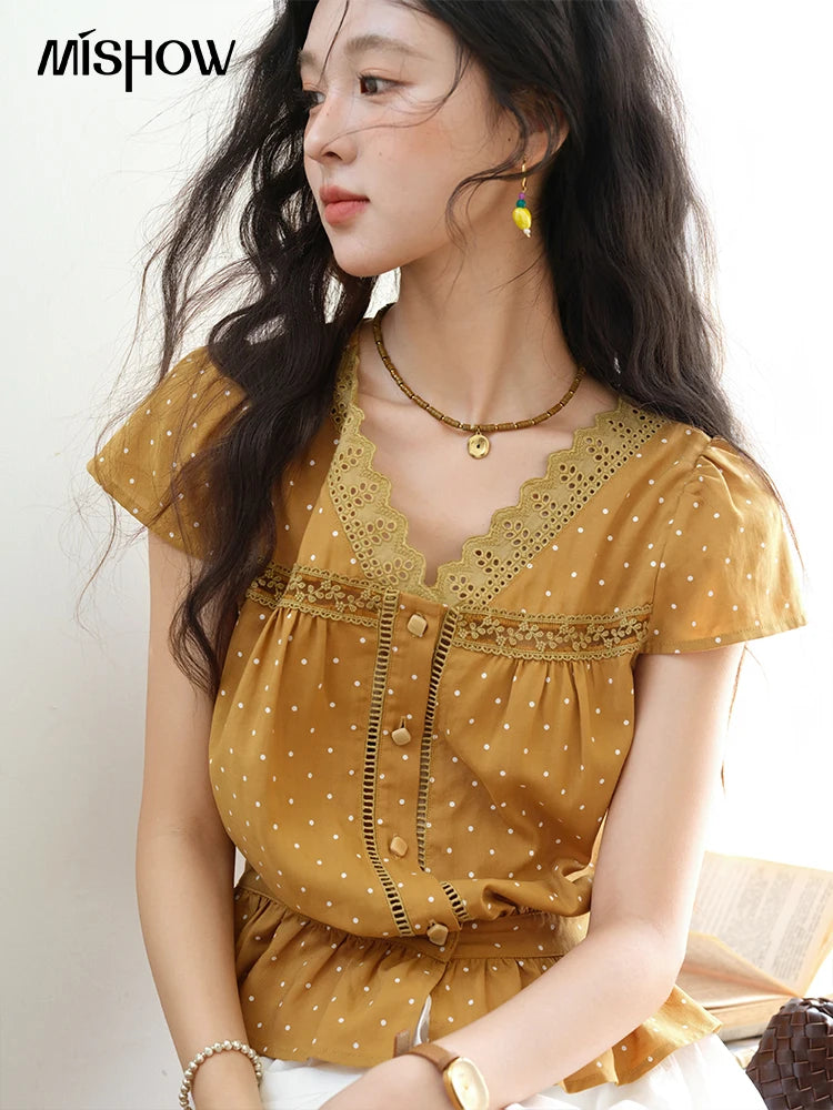 MISHOW V-Neck Lace Polka Dot Blouse Ruffled Button MXE38X1847