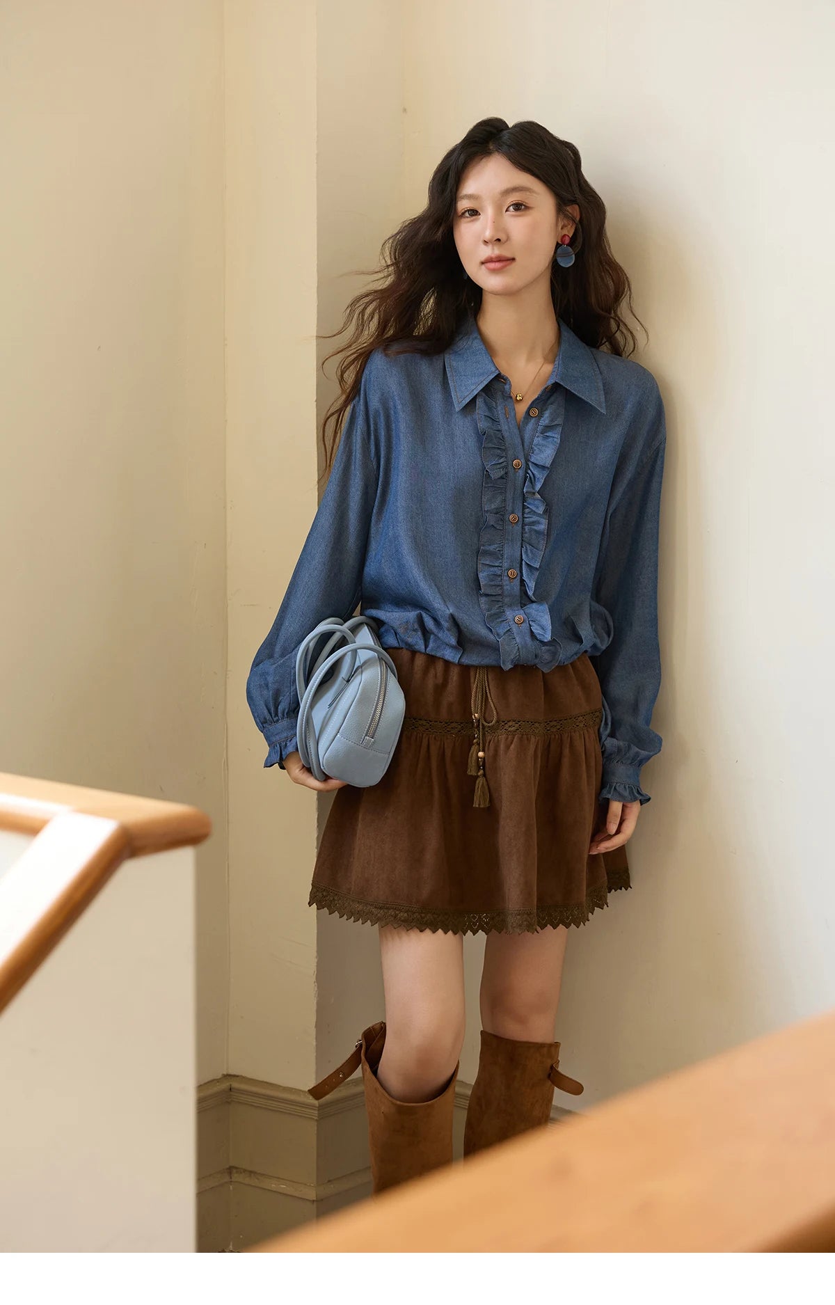 MISHOW Blue Lyocell Denim Shirt Ruffled Placket Waist Cinc MXE43C2386