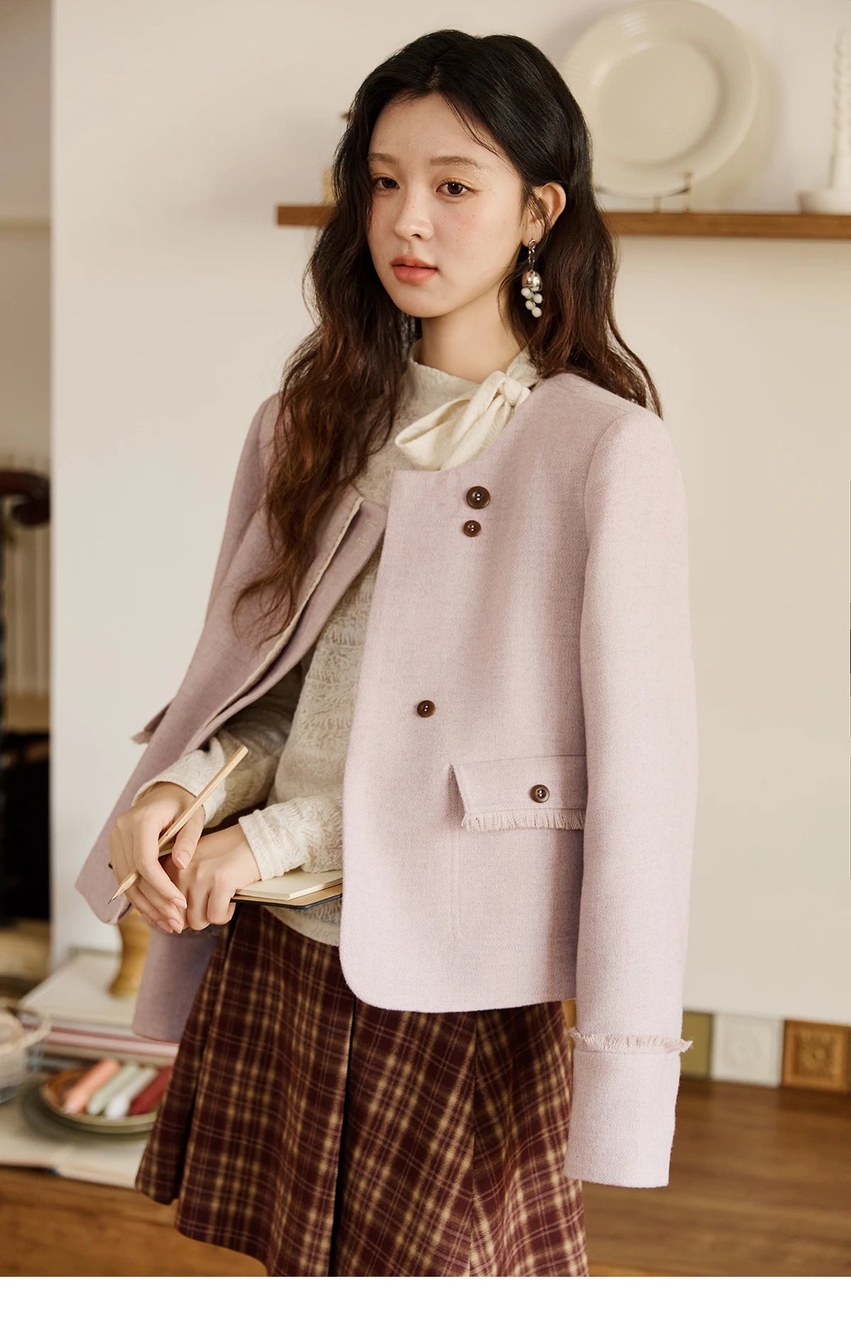 MISHOW Purple Woolen Coat Slanted Placket Splicing Lace Shoulder Pads MXE47W0840