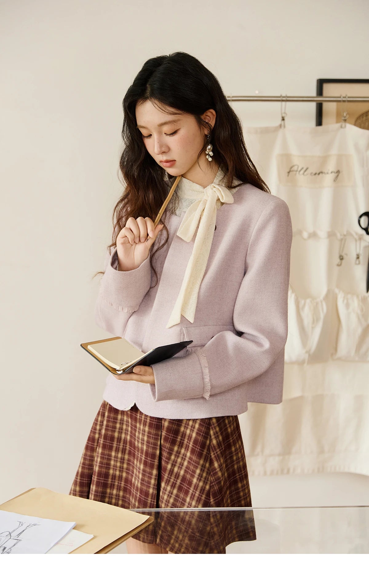 MISHOW Purple Woolen Coat Slanted Placket Splicing Lace Shoulder Pads MXE47W0840