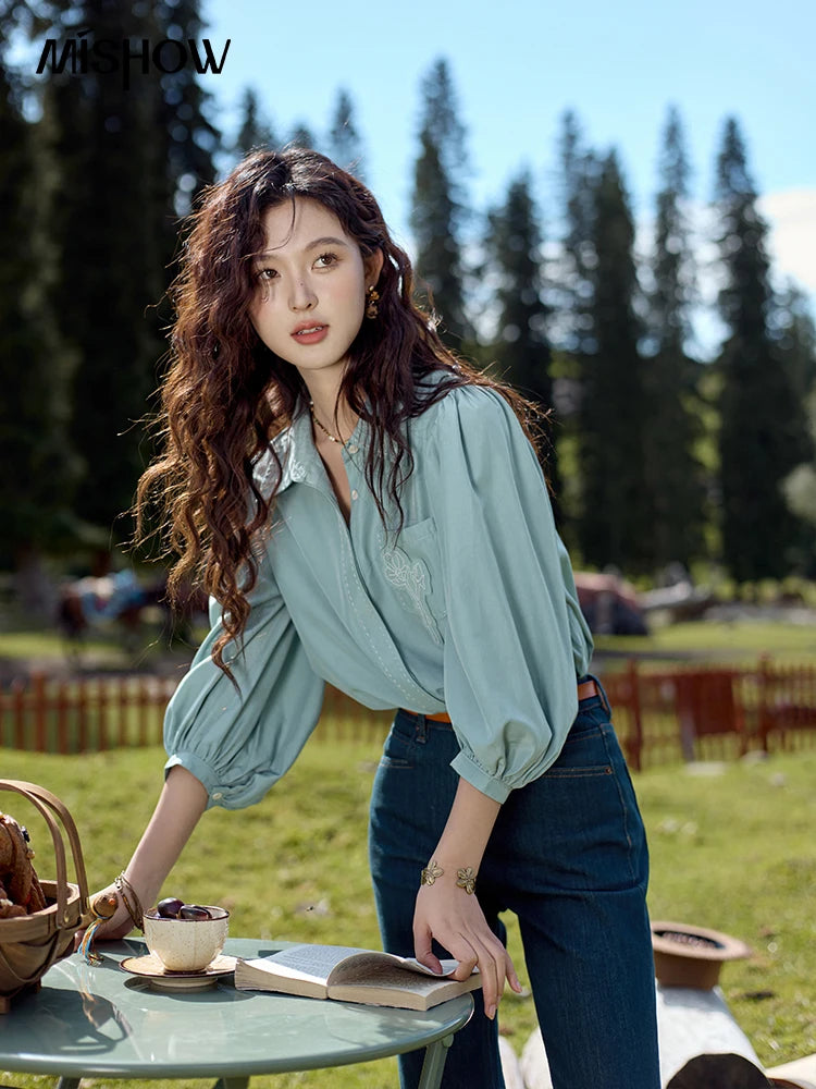 MISHOW Retro Long Sleeve Shirt Lantern Sleeve Embroidery MXD41C0287