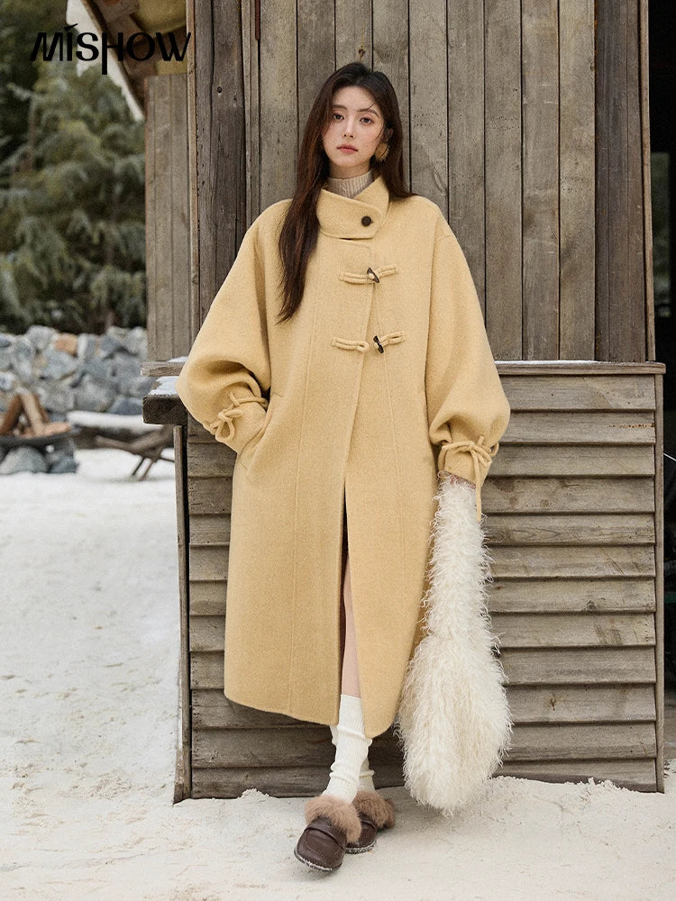 Mishow Yellow 100% Wool Double-Faced Turtleneck Coat MXE51W0902