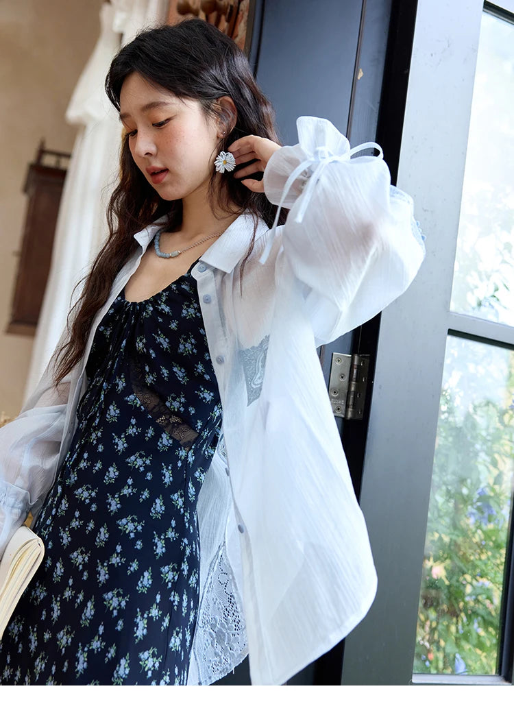 MISHOW Women's Patchwork Lace Shirt Lapel Drop Sleeve Drawstring Cuffs MXE31C0789