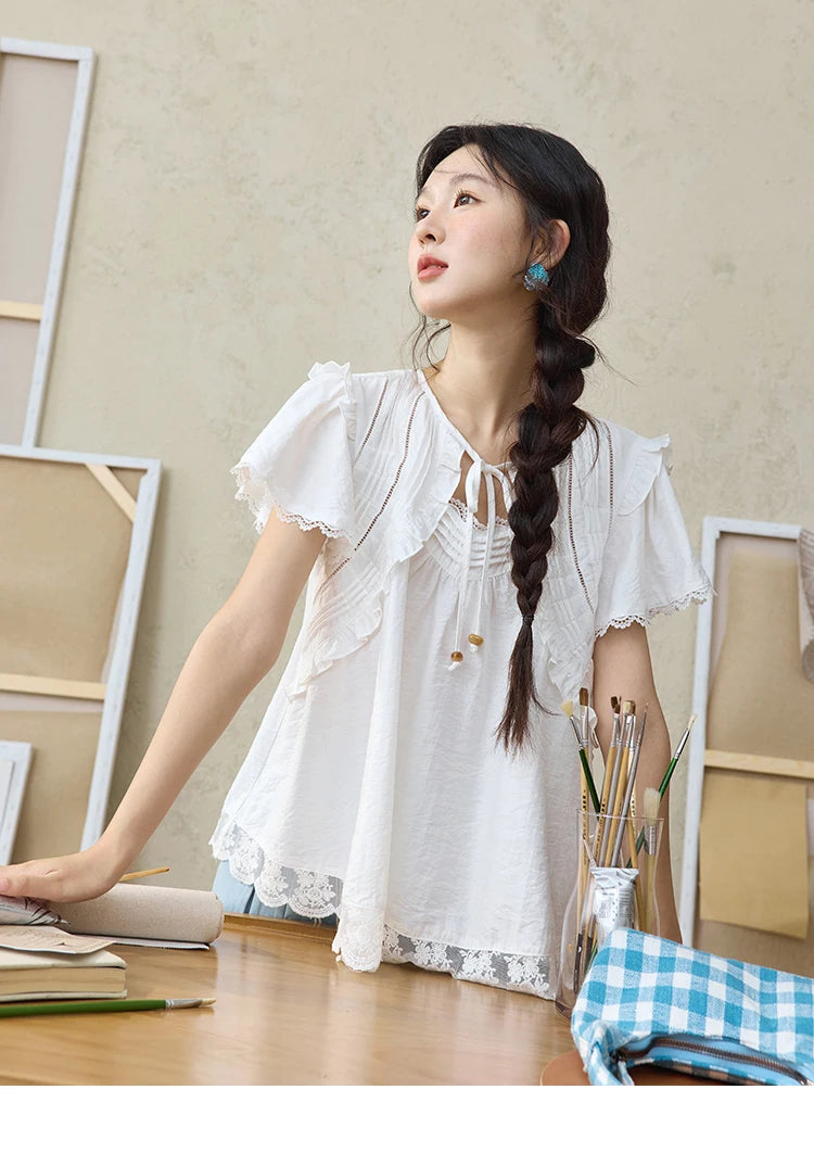 MISHOW White Lace Up Blouse Butterfly Sleeve Hollow Lace MXE34X1784