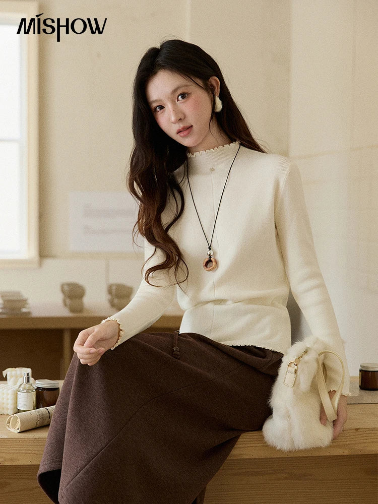 Mishow Ruffled Turtleneck Slim Knit Top MXE91Z2826