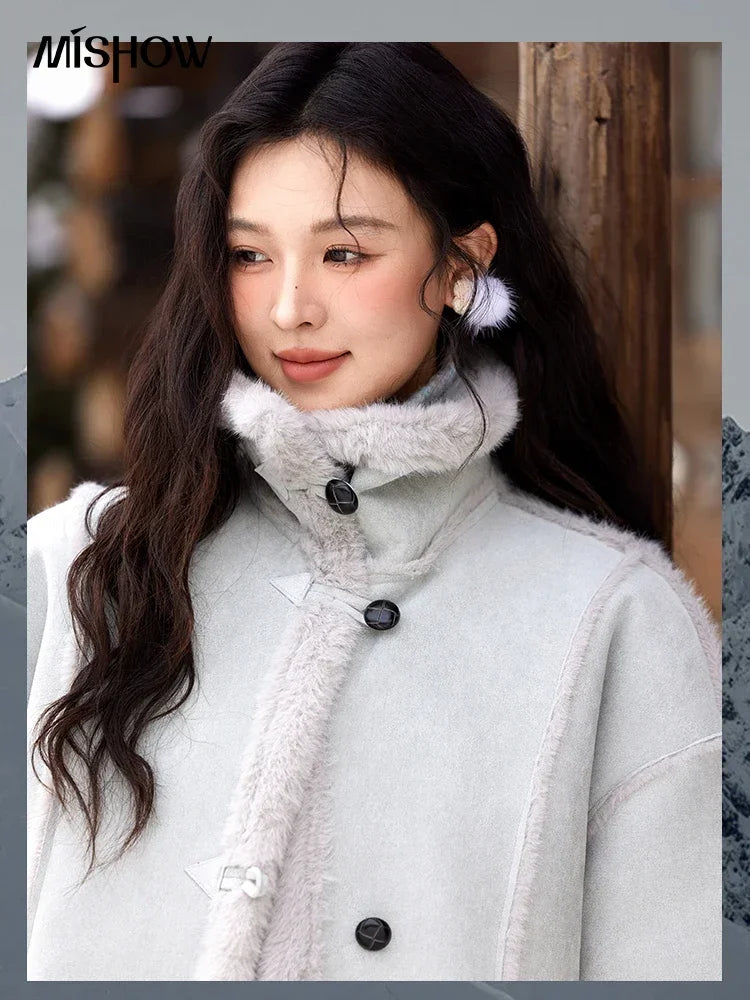 Mishow Suede Plush Fur Collar Jacket with Bag MXD57W0737