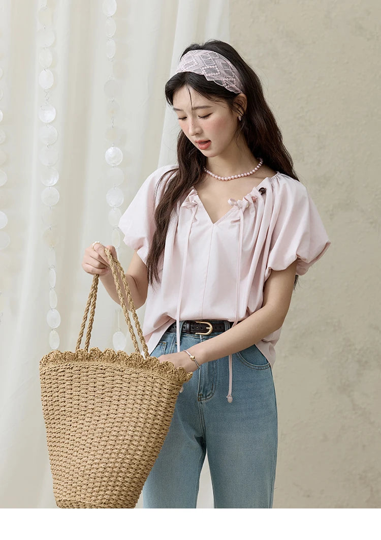 MISHOW V-Neck Puff Sleeve Blouse Beaded Retro Top MXE33X1757